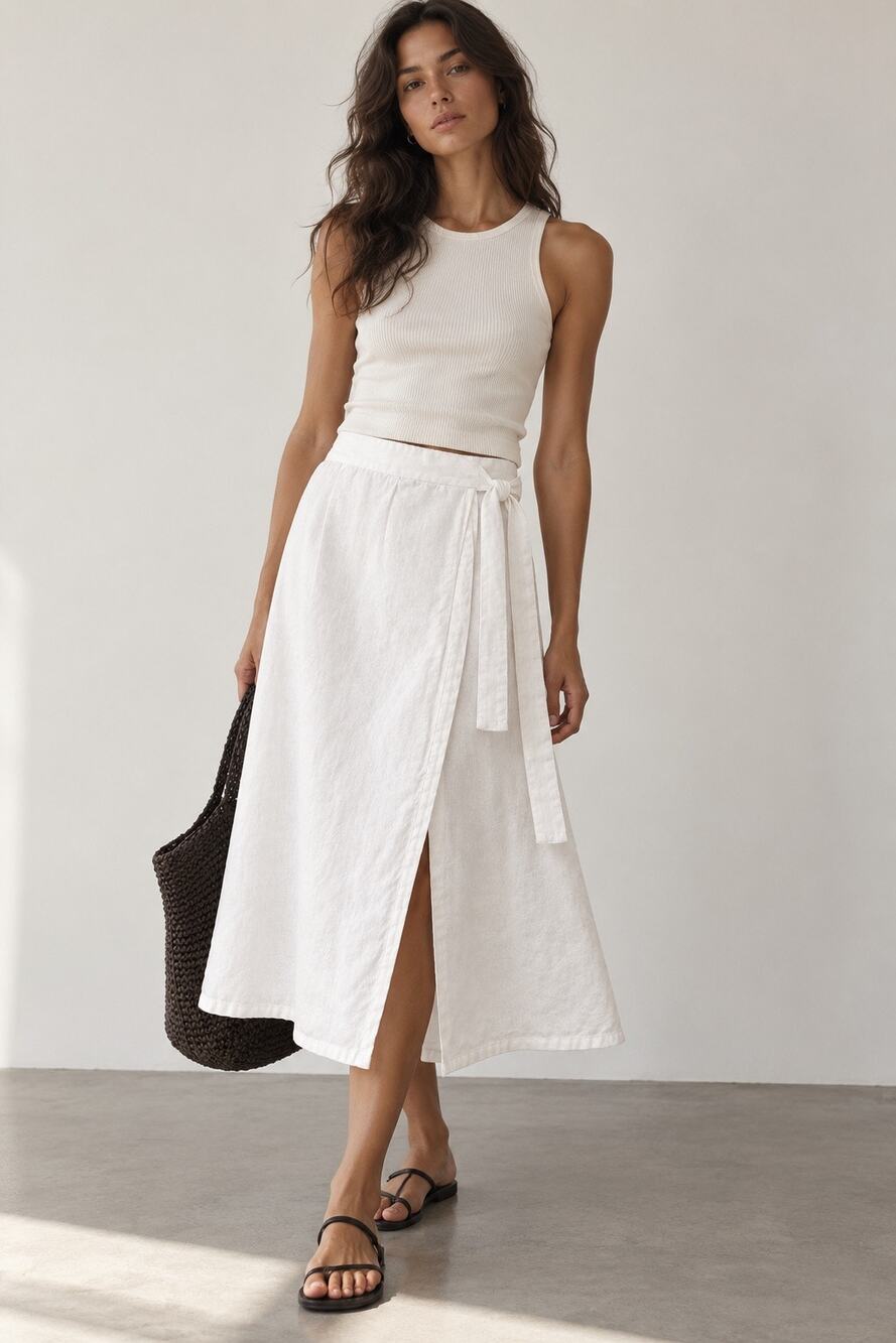 Aritzia NWOT Wilfred 100% Organic Linen White Wrap Tie Midi Skirt 2XS Minimalist